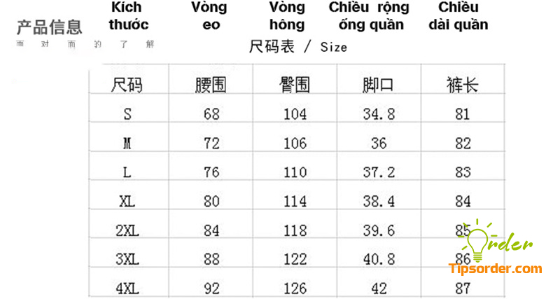 Dịch bảng size quần dài Trung Quốc