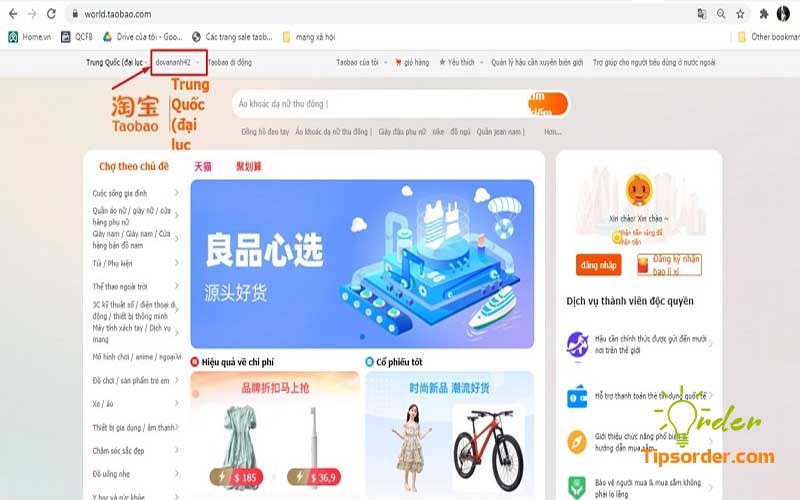 Click vào biểu tượng tài khoản hoặc tên tài khoản Taobao