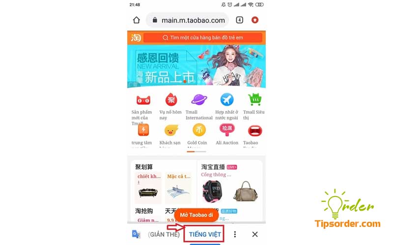 Mở trình duyệt Taobao trên điên thoại.