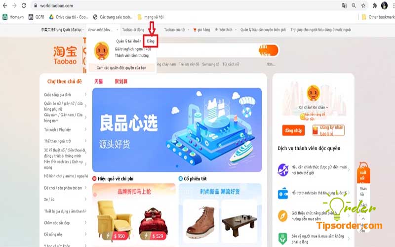 Click vào biểu tượng đăng xuất tài khoản hoặc tên tài khoản Taobao