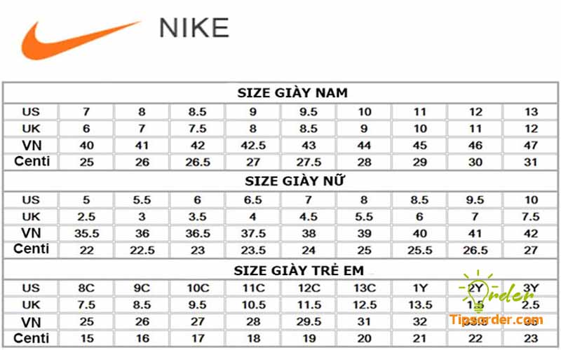 Bảng size giày Nike