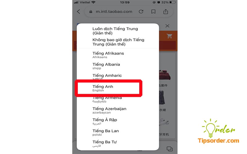 Trình duyệt trên điện thoại đề xuất một số ngôn ngữ để sử dụng Taobao