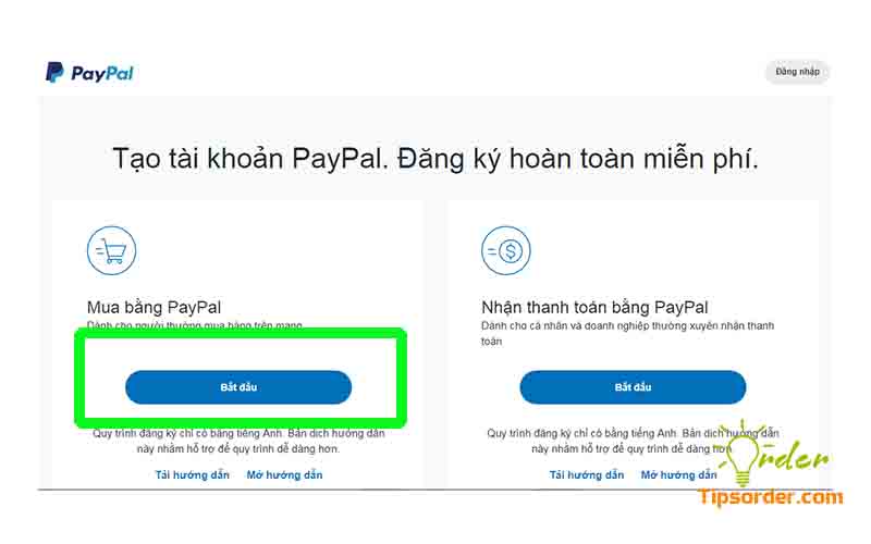  Chọn “bắt đầu” ở phần "Mua bằng PayPal"